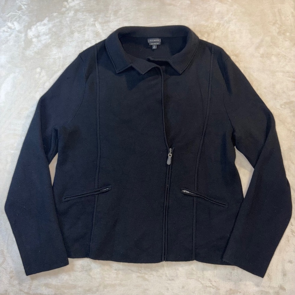 Talbots Black Pure Merino Wool Asymmetric Zip Front Cardigan Sweater XL
